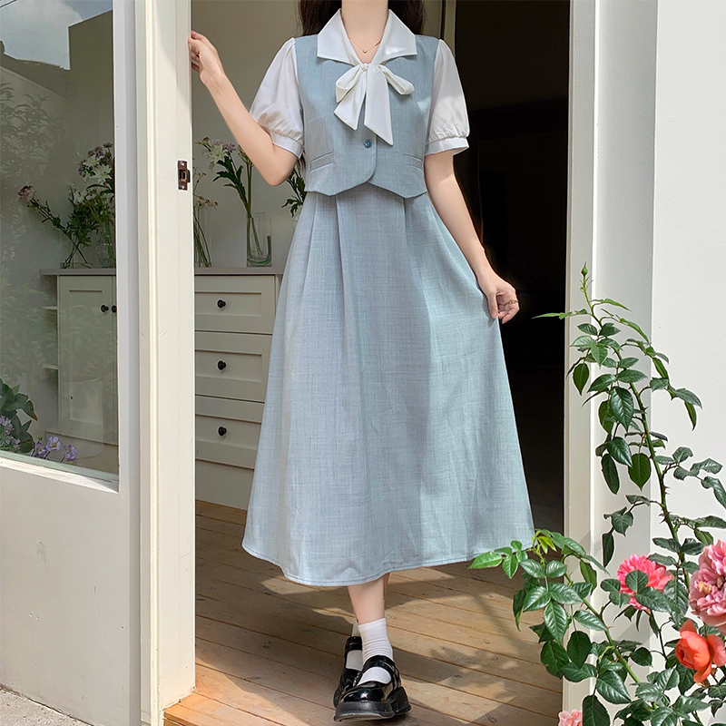 New Faux Two-Piece Waist-Cinching Slimming Dress with Tie