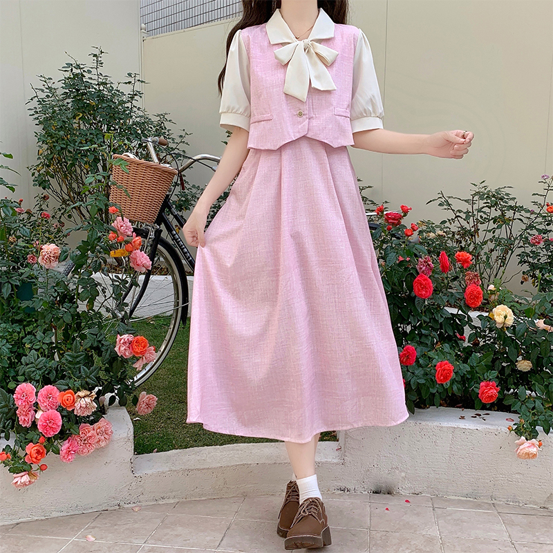 New Faux Two-Piece Waist-Cinching Slimming Dress with Tie - Image 2