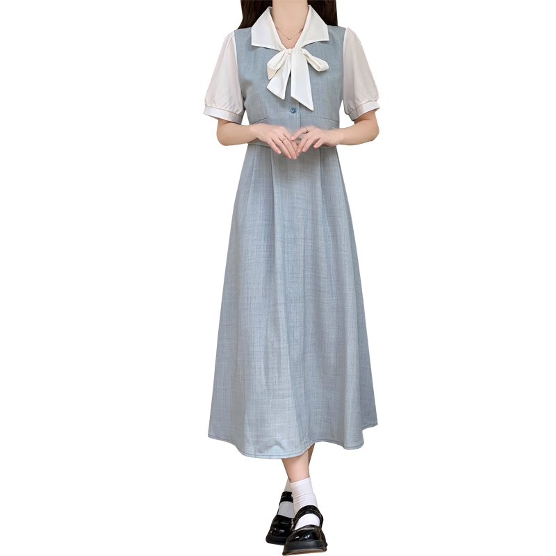New Faux Two-Piece Waist-Cinching Slimming Dress with Tie - Image 5