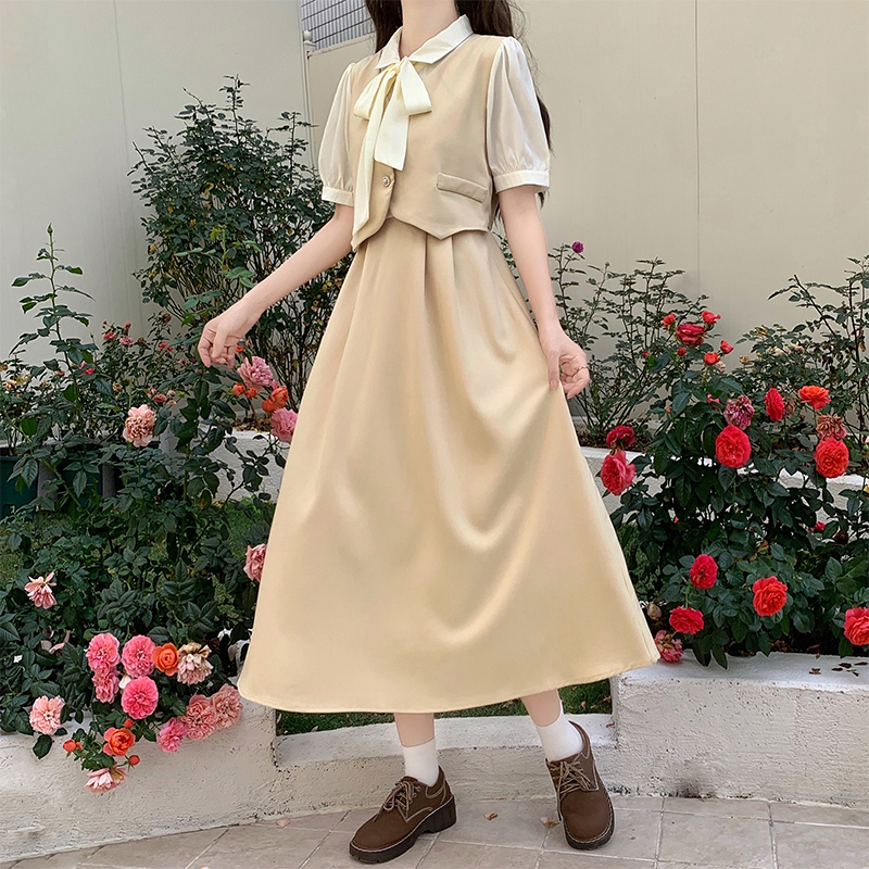 New Faux Two-Piece Waist-Cinching Slimming Dress with Tie - Image 4
