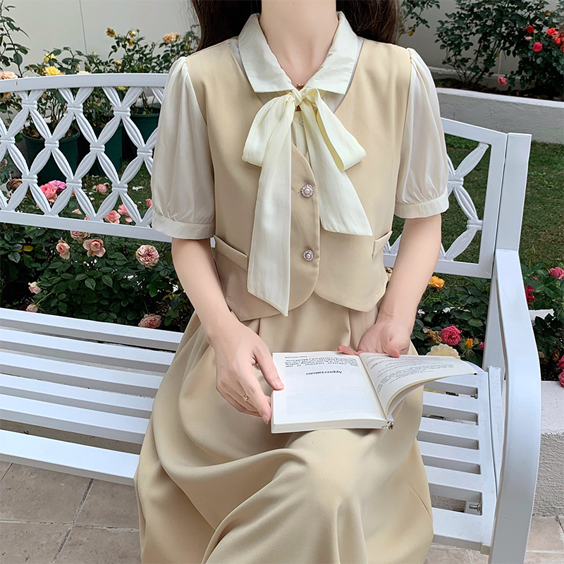 New Faux Two-Piece Waist-Cinching Slimming Dress with Tie - Image 3