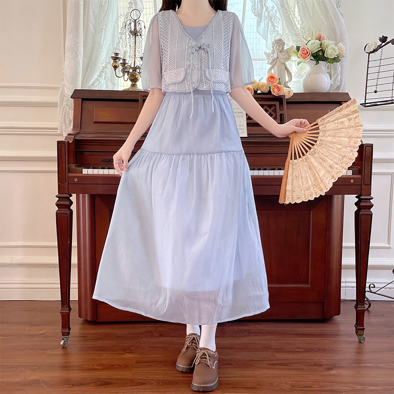 Women's Sweet Chinese Style Faux Two Piece Long Dress with Button Detail and Puff Sleeves - Image 4