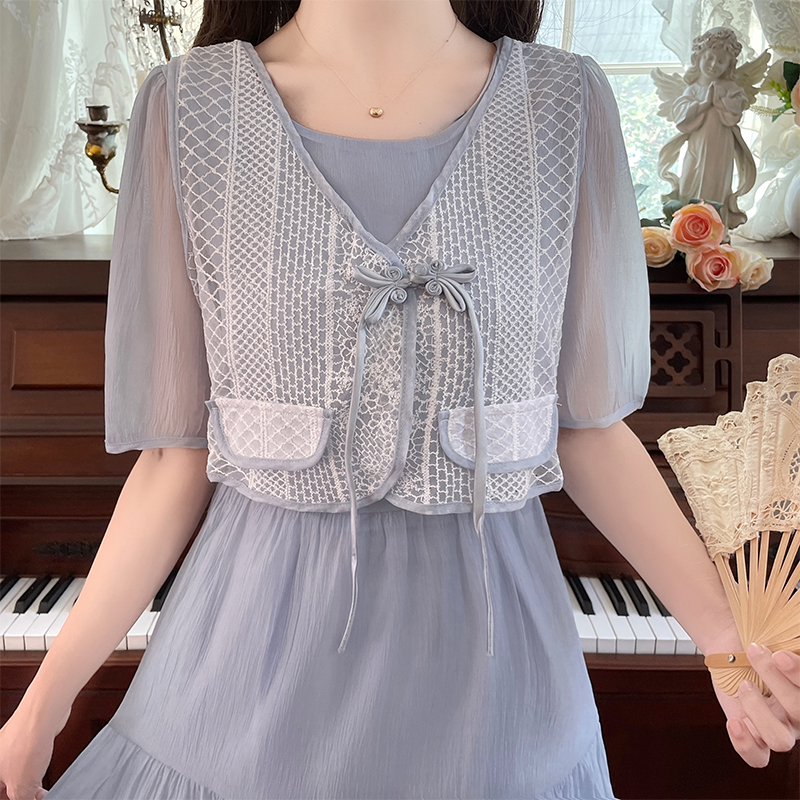 Women's Sweet Chinese Style Faux Two Piece Long Dress with Button Detail and Puff Sleeves - Image 2