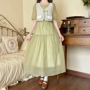 Women's Sweet Chinese Style Faux Two Piece Long Dress with Button Detail and Puff Sleeves