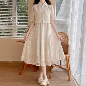 New Chinese Style Improved Qipao Dress Set Women's Hanfu Long Skirt for Petite