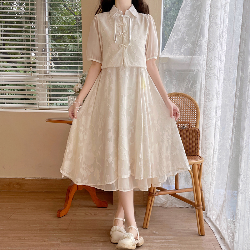 New Chinese Style Improved Qipao Dress Set Women's Hanfu Long Skirt for Petite