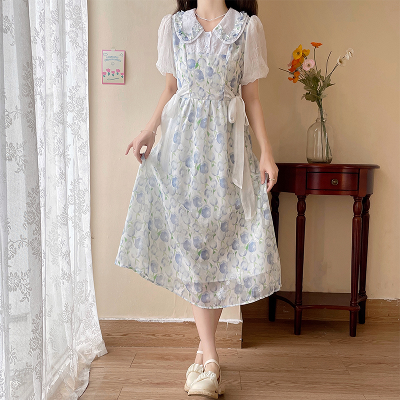 2024 New Doll Collar Floral Dress French Tea Break Style Pure Sweet Long Dress Early Spring