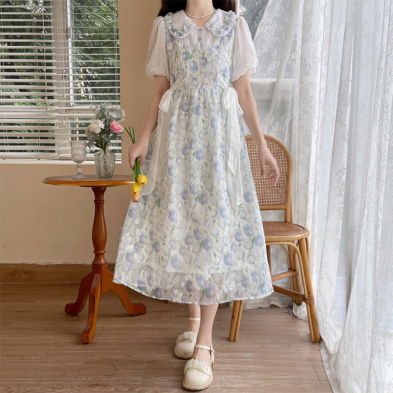 2024 New Doll Collar Floral Dress French Tea Break Style Pure Sweet Long Dress Early Spring - Image 4