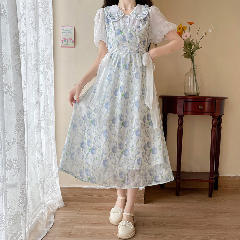 2024 New Doll Collar Floral Dress French Tea Break Style Pure Sweet Long Dress Early Spring - Image 2