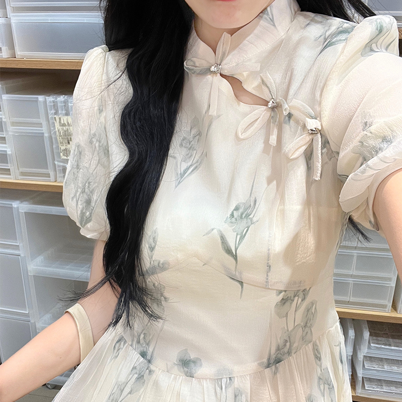 New Chinese Style Dress Women Summer 2024 Improved Qipao Bubble Sleeve Zen Style