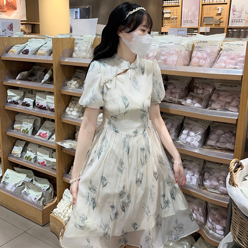 New Chinese Style Dress Women Summer 2024 Improved Qipao Bubble Sleeve Zen Style - Image 3