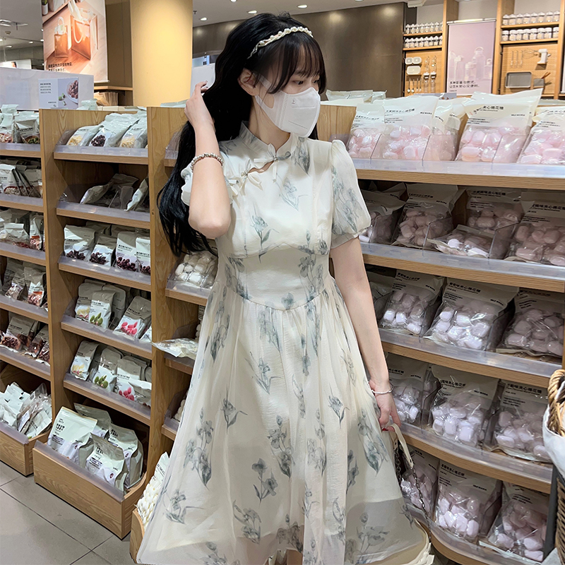 New Chinese Style Dress Women Summer 2024 Improved Qipao Bubble Sleeve Zen Style - Image 2