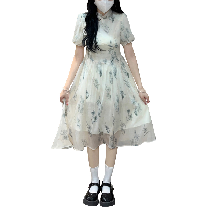 New Chinese Style Dress Women Summer 2024 Improved Qipao Bubble Sleeve Zen Style - Image 5