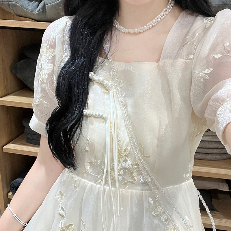 New Chinese Style Apricot Chiffon Dress with Pankou and Bubble Sleeves for Women