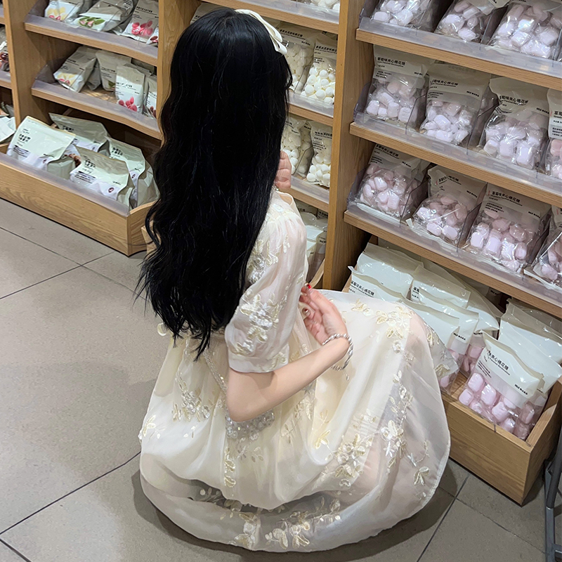 New Chinese Style Apricot Chiffon Dress with Pankou and Bubble Sleeves for Women - Image 4