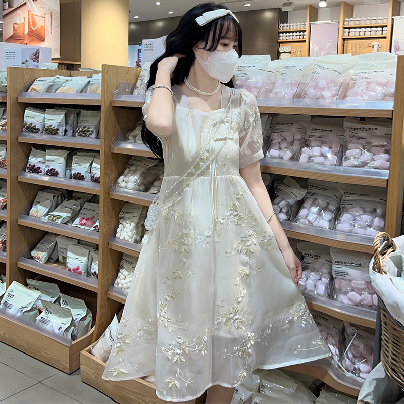 New Chinese Style Apricot Chiffon Dress with Pankou and Bubble Sleeves for Women - Image 3