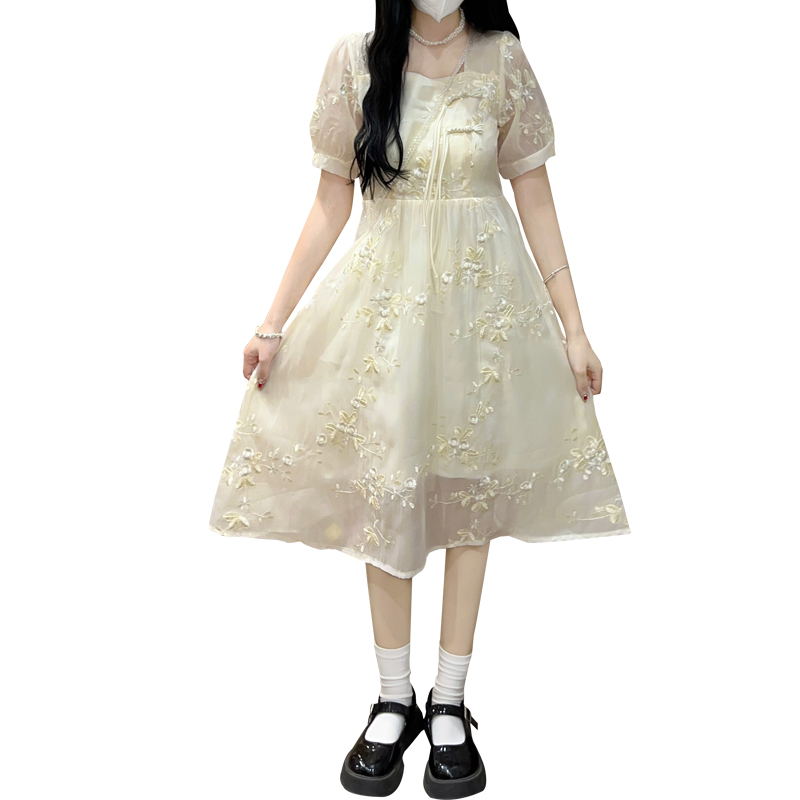 New Chinese Style Apricot Chiffon Dress with Pankou and Bubble Sleeves for Women - Image 5