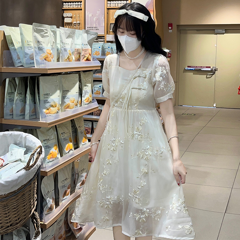 New Chinese Style Apricot Chiffon Dress with Pankou and Bubble Sleeves for Women - Image 2