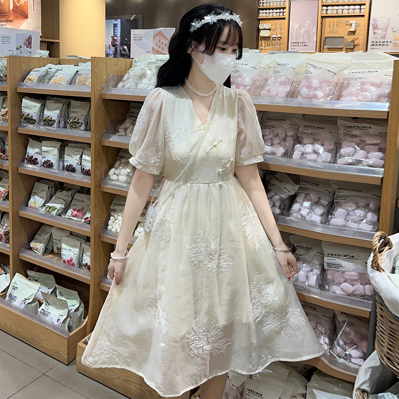 New Chinese Style Puff Sleeve Dress 2024 Summer V-Neck Embroidered Apricot Dress for Women - Image 3