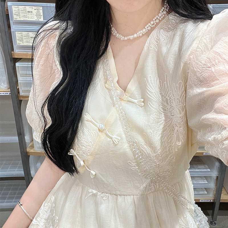 New Chinese Style Puff Sleeve Dress 2024 Summer V-Neck Embroidered Apricot Dress for Women - Image 2