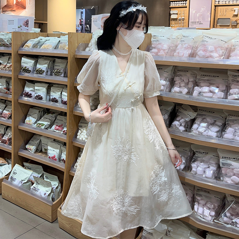 New Chinese Style Puff Sleeve Dress 2024 Summer V-Neck Embroidered Apricot Dress for Women - Image 4