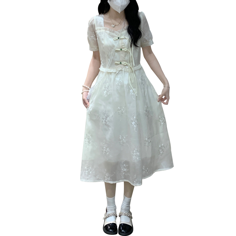 New Chinese Style Embroidered Dress Square Neck Puff Sleeve Sweet Long Dress - Image 5