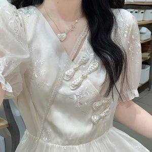 New Chinese Style V-Neck Button A-Line Dress with Embroidery