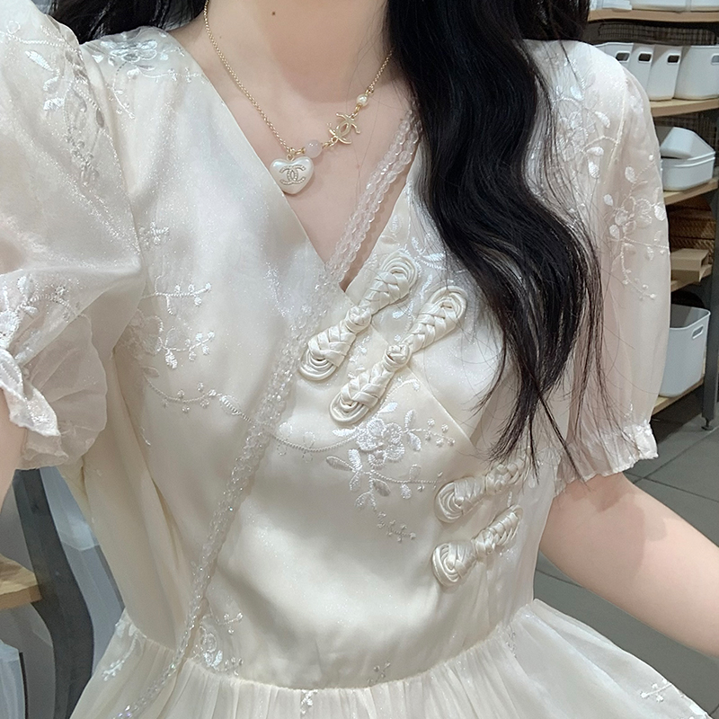 New Chinese Style V-Neck Button A-Line Dress with Embroidery