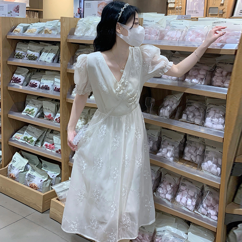 New Chinese Style V-Neck Button A-Line Dress with Embroidery - Image 3