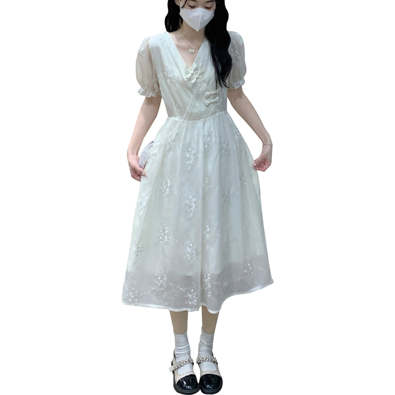 New Chinese Style V-Neck Button A-Line Dress with Embroidery - Image 5