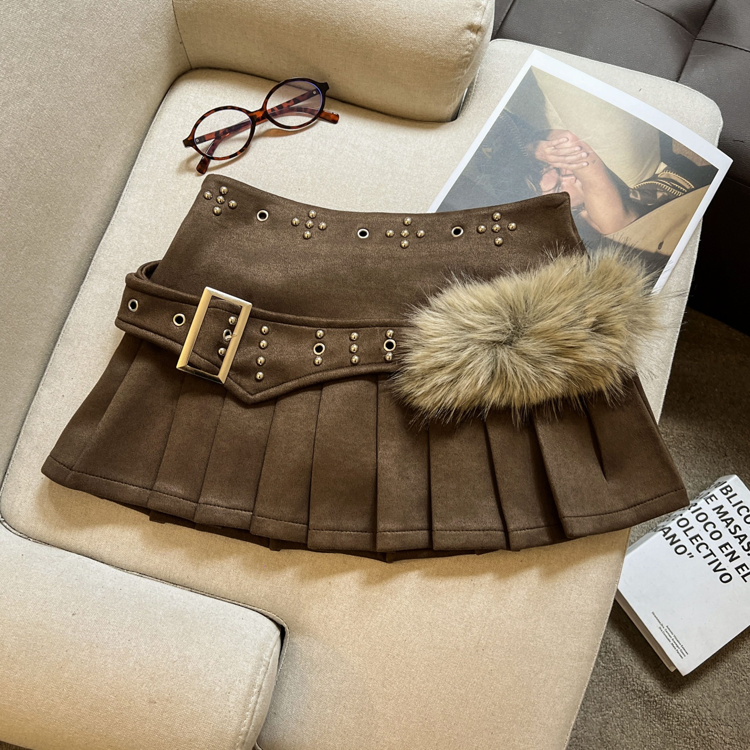 Women's A-Line Pleated Mini Skirt Faux Suede Korean Style Fall 2025 - Image 4