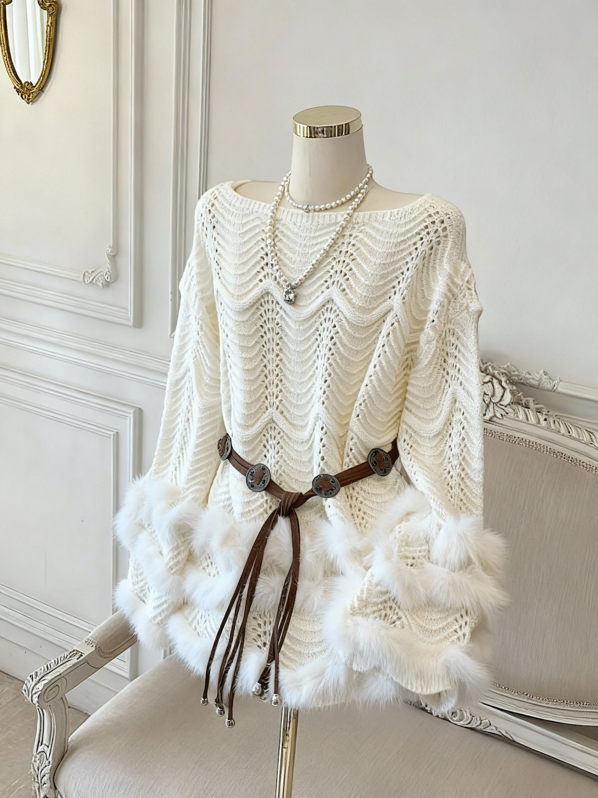 Retro Plush Spliced Long Sleeve Knit Dress Women Autumn High Waist Sweater Dress Elegant - Image 2