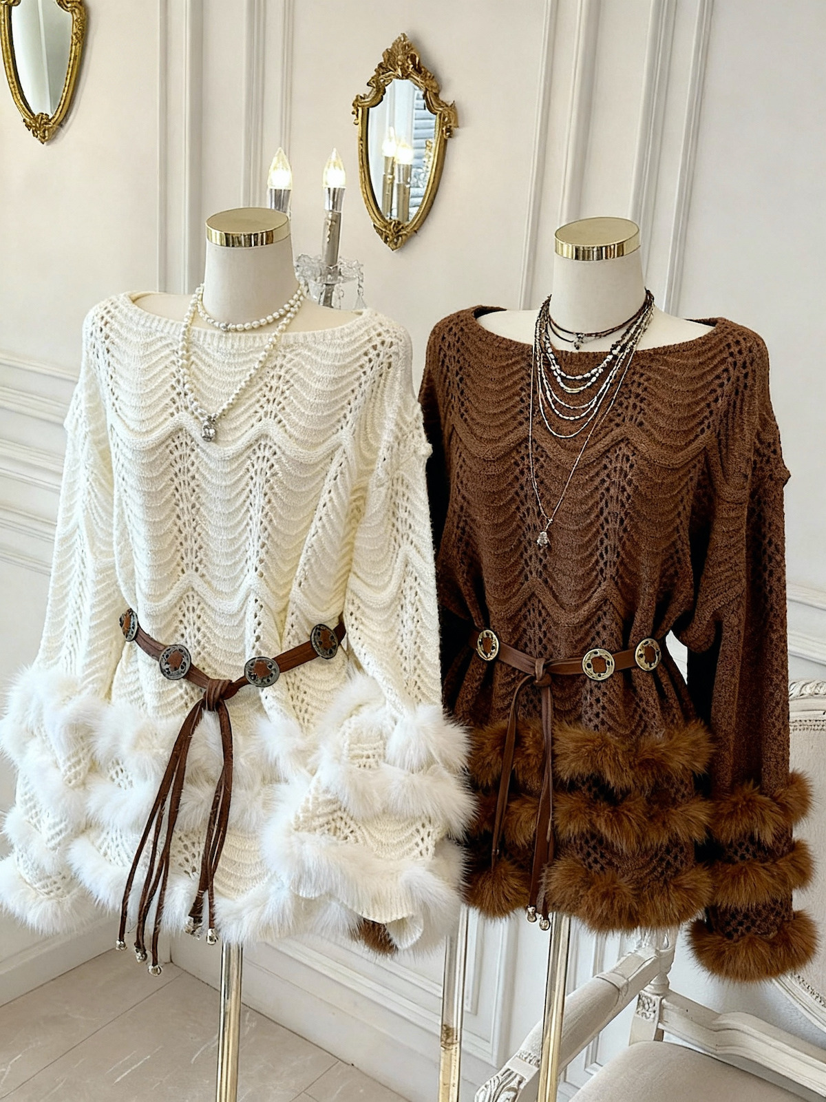 Retro Plush Spliced Long Sleeve Knit Dress Women Autumn High Waist Sweater Dress Elegant - Image 4