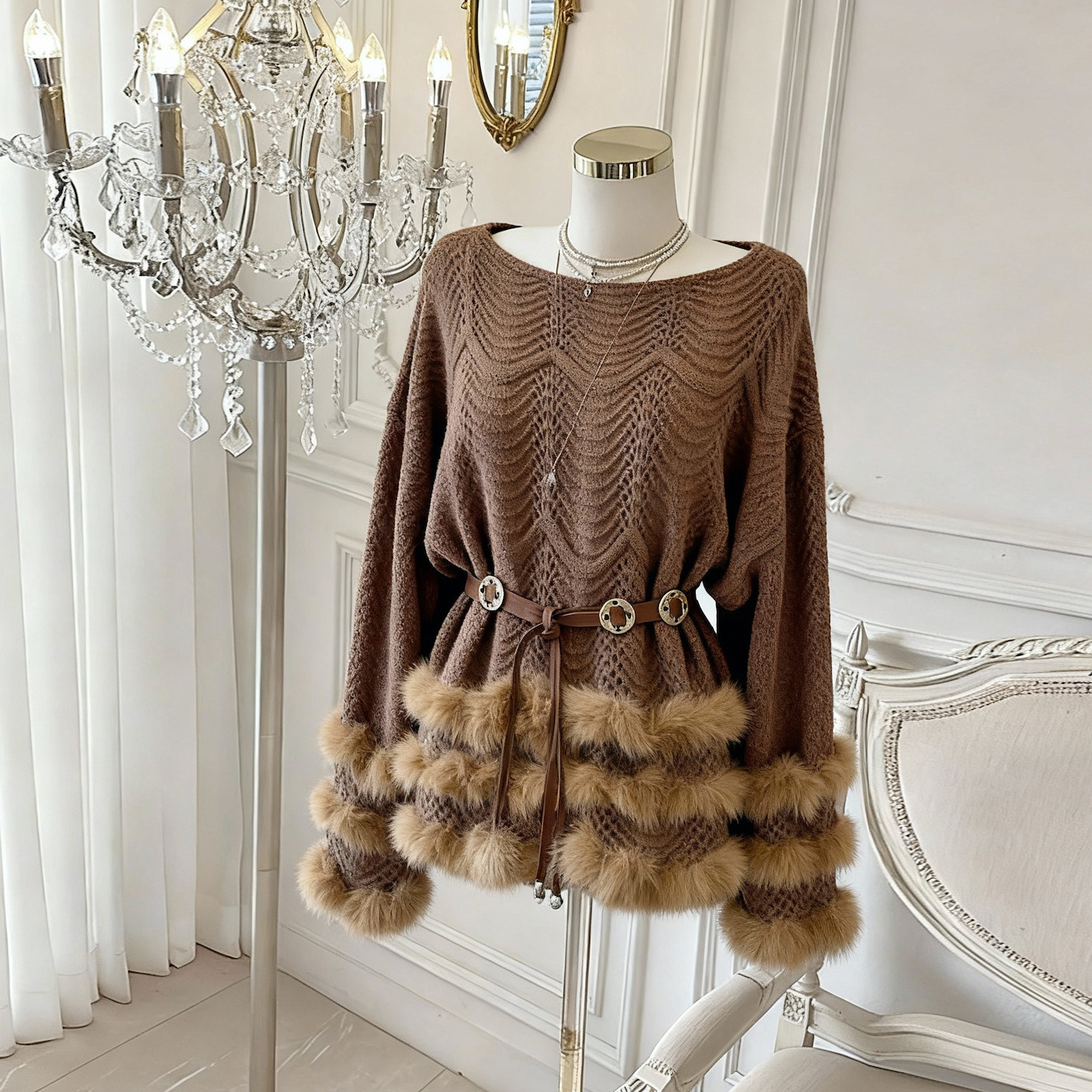 Retro Plush Spliced Long Sleeve Knit Dress Women Autumn High Waist Sweater Dress Elegant - Image 5