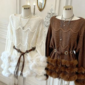 Retro Plush Spliced Long Sleeve Knit Dress Women Autumn High Waist Sweater Dress Elegant