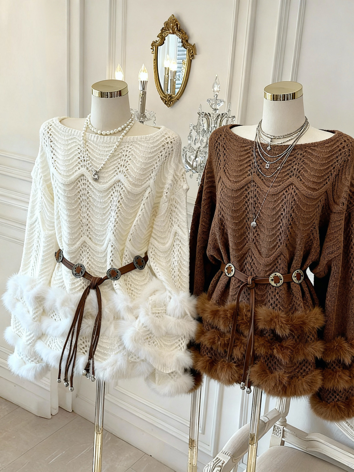 Retro Plush Spliced Long Sleeve Knit Dress Women Autumn High Waist Sweater Dress Elegant