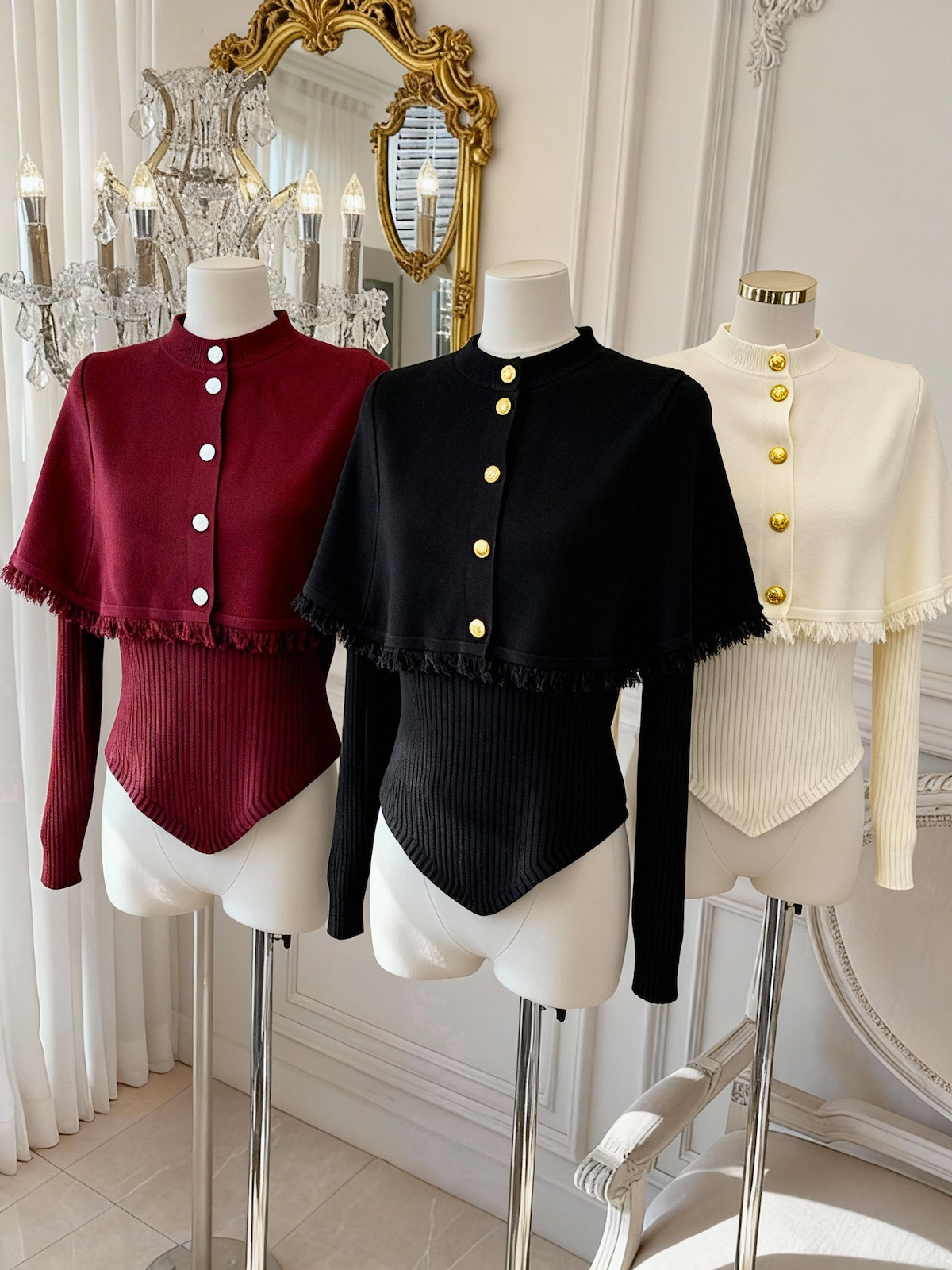 Women's Fringe Cape Shawl Knit Sweater Two-Piece Set with French Elegance - Image 3