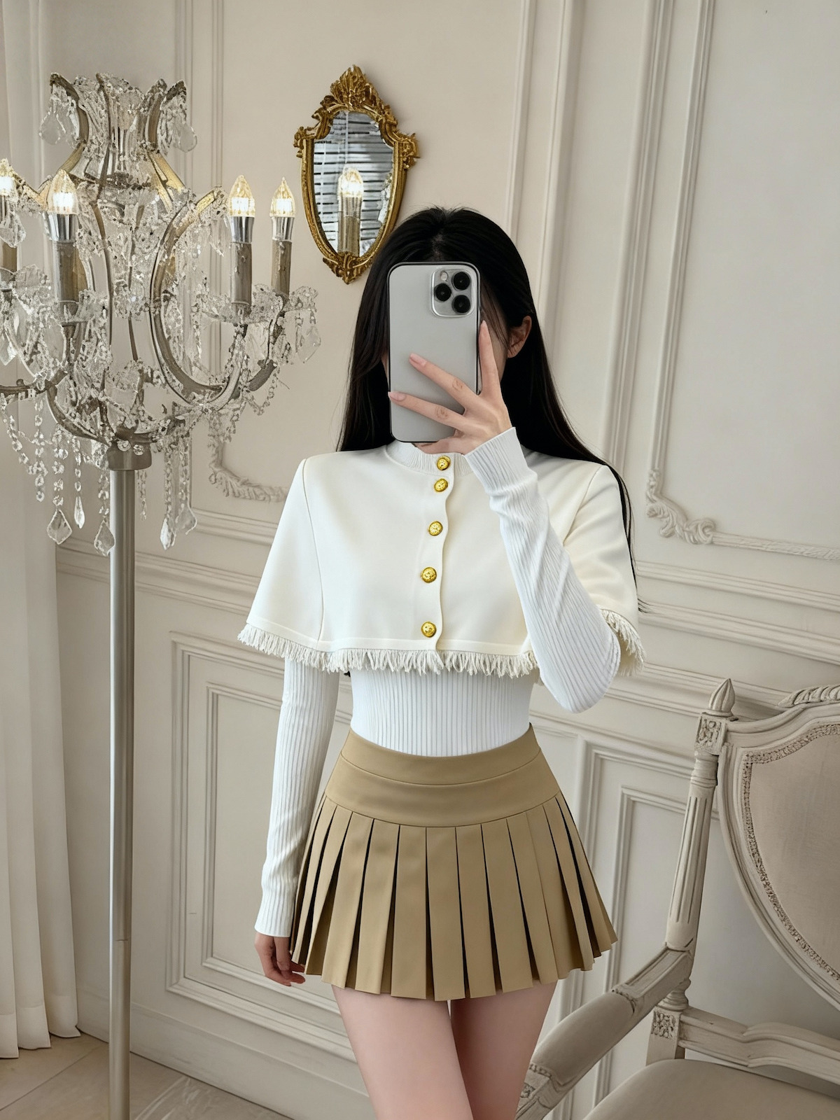Women's Fringe Cape Shawl Knit Sweater Two-Piece Set with French Elegance - Image 2