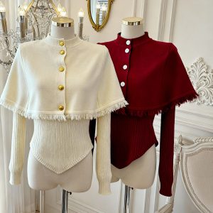 Women's Fringe Cape Shawl Knit Sweater Two-Piece Set with French Elegance