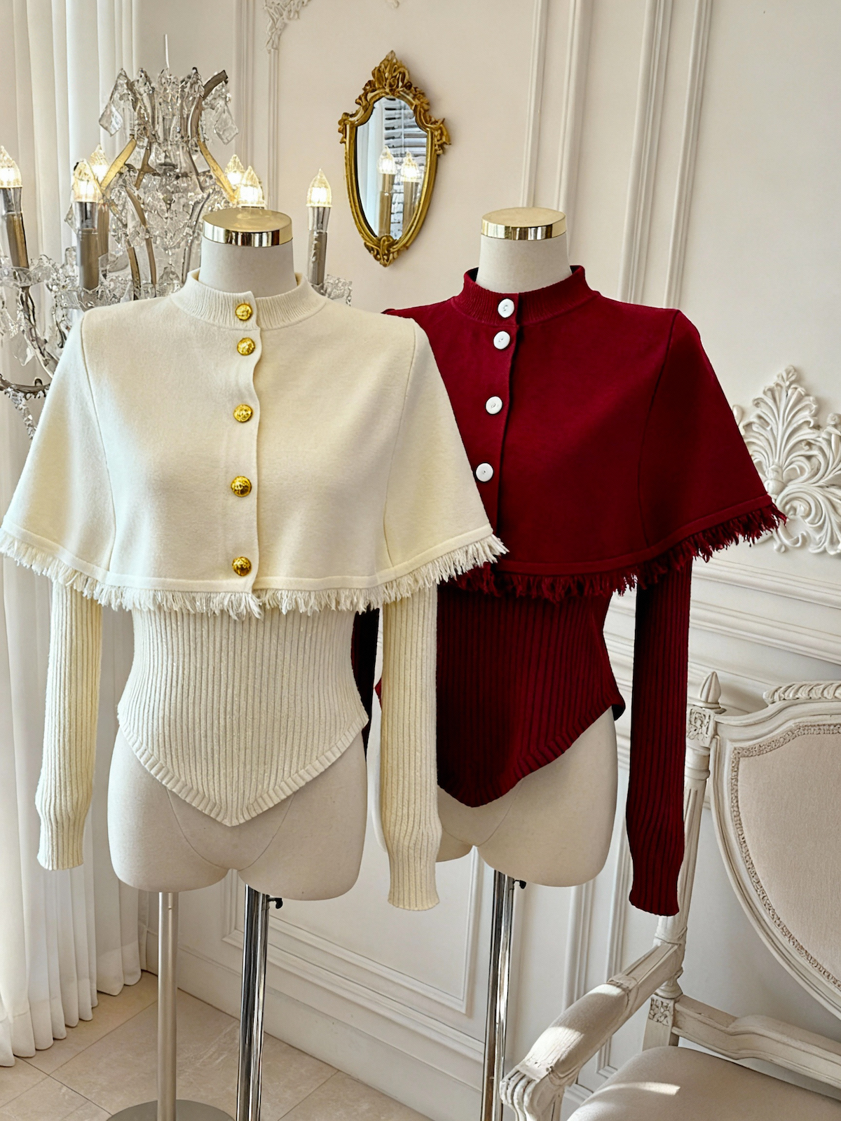 Women's Fringe Cape Shawl Knit Sweater Two-Piece Set with French Elegance