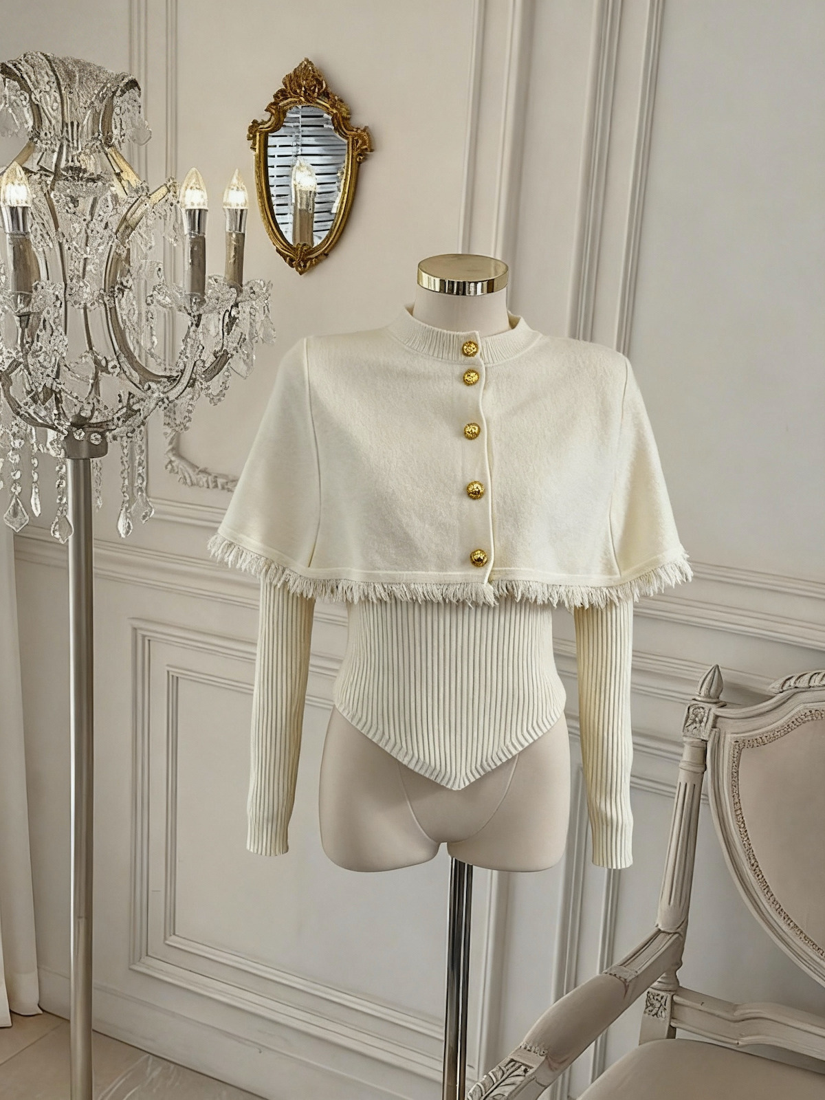 Women's Fringe Cape Shawl Knit Sweater Two-Piece Set with French Elegance - Image 4