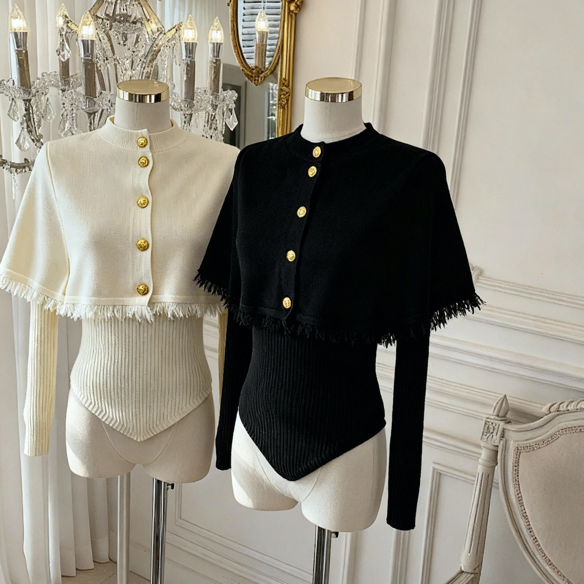 Women's Fringe Cape Shawl Knit Sweater Two-Piece Set with French Elegance - Image 5
