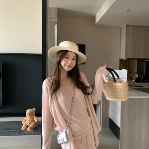 Women's 3-Piece Knit Sweater Set with Tank Top and Skirt in Misty Pink