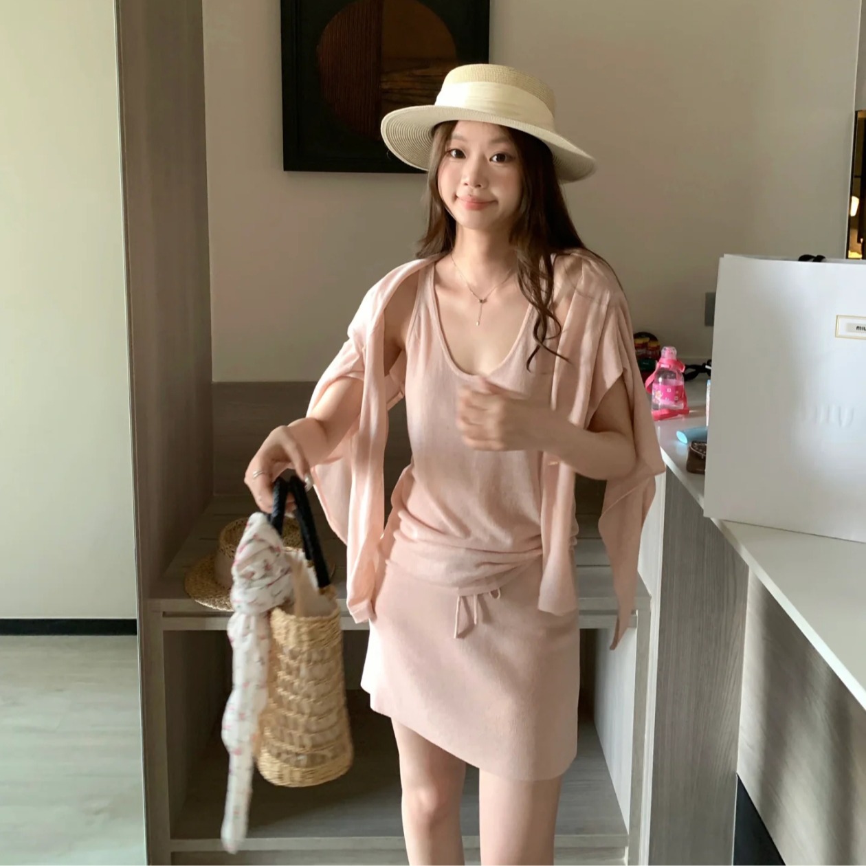 Women's 3-Piece Knit Sweater Set with Tank Top and Skirt in Misty Pink - Image 5