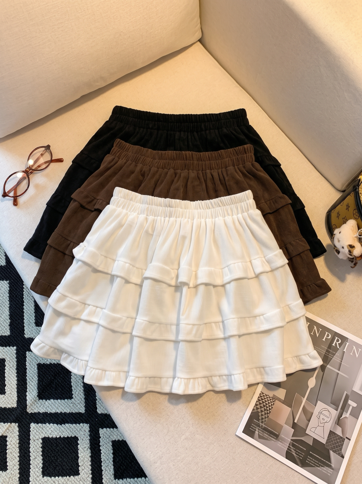 Sweet Ruffled Tiered Mini Skirt for Women High Waist Loose Fit Early Autumn