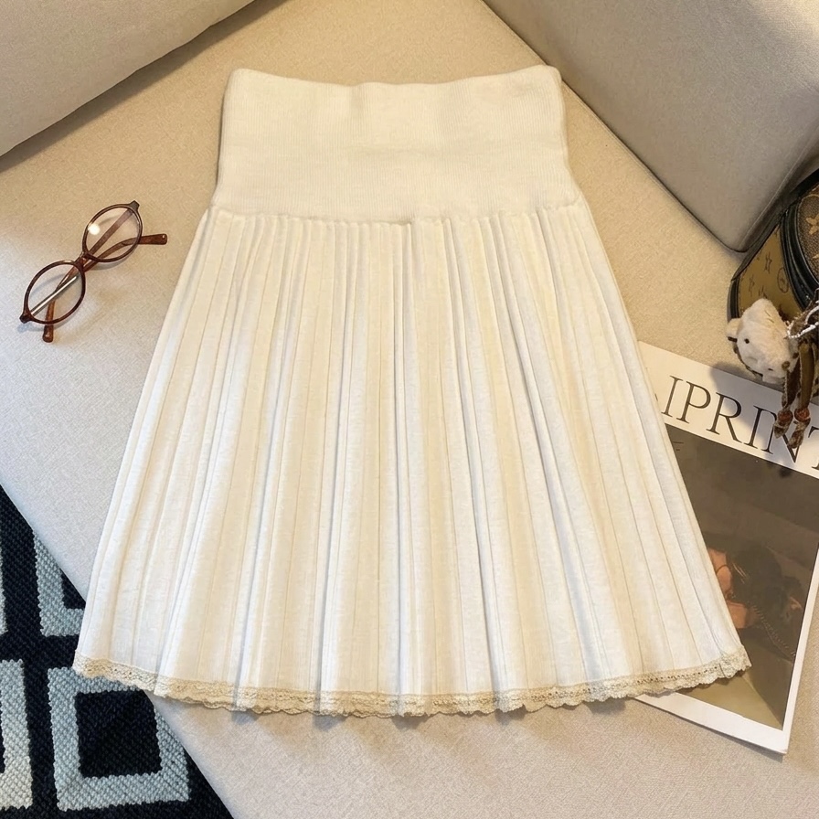 Sweet Lace Trim Pleated A-Line Knit Skirt for Women - Image 5