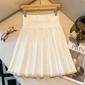 Sweet Lace Trim Pleated A-Line Knit Skirt for Women