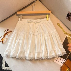 Sweet Lace Ruffle High Waist A-Line Mini Skirt for Women