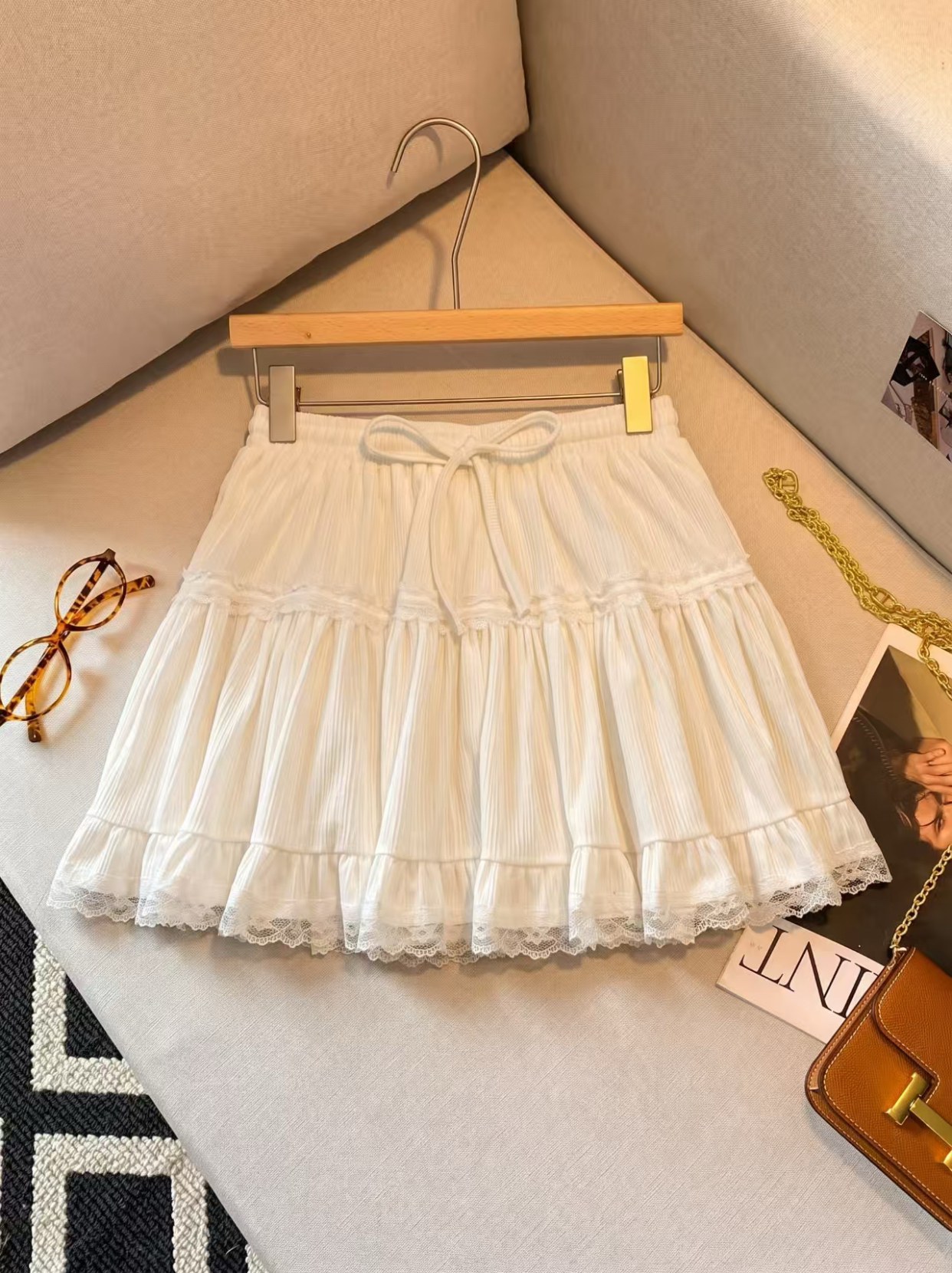 Sweet Lace Ruffle High Waist A-Line Mini Skirt for Women