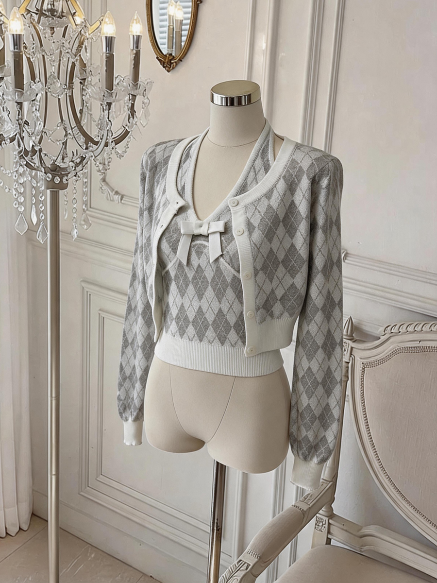 Women's Retro Diamond Knit Cardigan and Vest Two-Piece Set with Waist-Cinching Design - Image 3